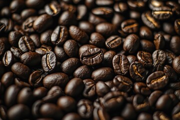 Naklejka premium A rich and textured close-up of roasted coffee beans spread evenly across the frame. The deep