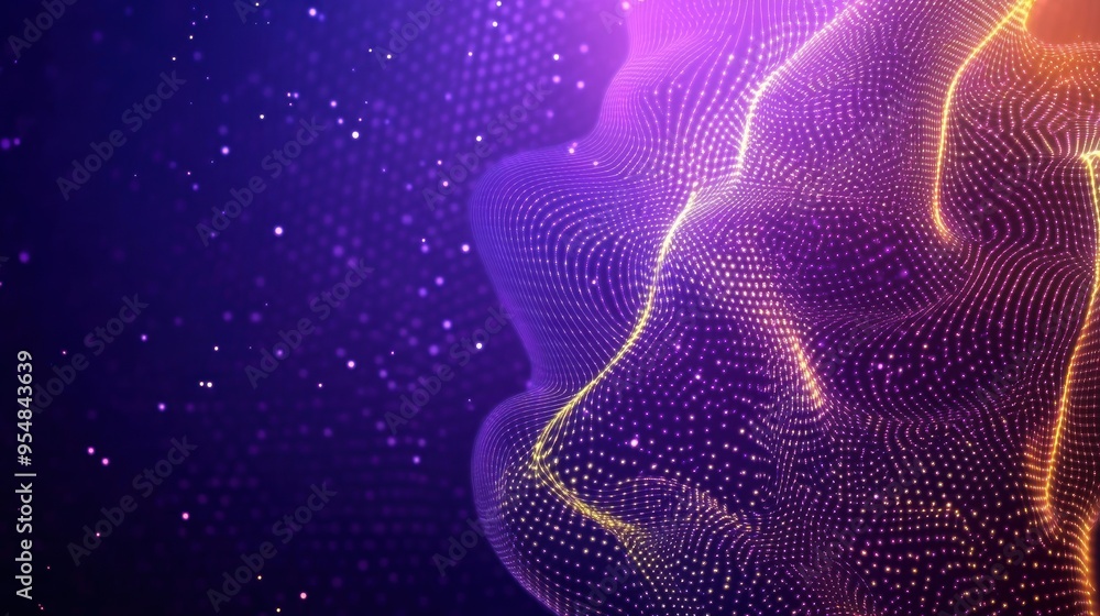 Poster a seamless 2d animation of glowing particles forming intricate geometric patterns, with a subtle gra
