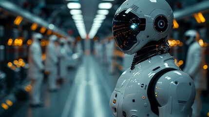 Fototapeta premium A dynamic shot of a nurse and robotic assistant working together to care for a patient in a busy hospital ward. The robot is handling routine tasks, freeing the nurse to focus on patient interaction.