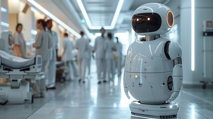 A dynamic shot of a nurse and robotic assistant working together to care for a patient in a busy hospital ward. The robot is handling routine tasks, freeing the nurse to focus on patient interaction.