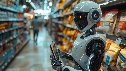 Fototapeta premium A dynamic shot of a store employee and a customer service robot assisting a shopper in a busy, modern retail environment. The robot is using its screen to display product locations,