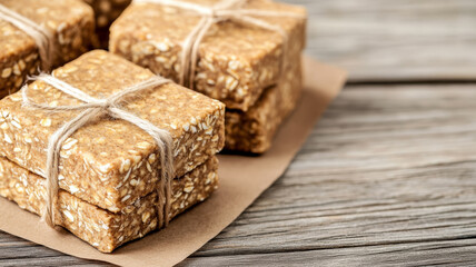 Honey and oat bars wrapped in brown paper tied with twine on a wooden market stall background 