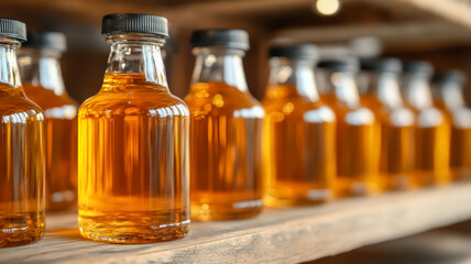 Honey mead bottles with vintage labels on a wooden shelf market stall background medieval charm 