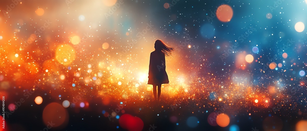 Poster generate a mesmerizing scene of a free spirit floating through an ethereal world of light, with beau