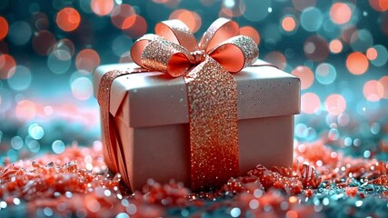 Gift box with pink bow. 3d rendering animation. Gift give away, Mobile Marketing, present or gift. Christmas, new year holiday, birthday bokeh sparkling lights 4k video