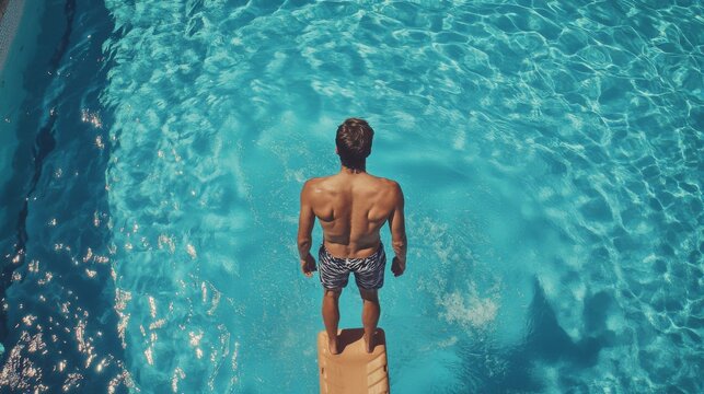 A man stands on a diving board, about to jump into a clear blue swimming pool.