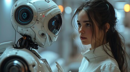 Fototapeta premium A futuristic hospital scene where a nurse is guiding a robotic assistant through patient care procedures. The robot is performing tasks such as monitoring vital signs,