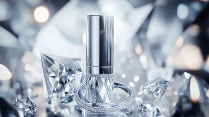 the silver design is elegant mockup, and the background is a dazzling diamond, reflecting the luxury atmosphere. In front is a dazzling crystal ring, symbolizing beauty and skin care products. This ad
