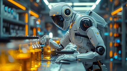 Fototapeta premium A futuristic laboratory where a scientist is using a robotic arm to conduct a complex chemical experiment. The robotic arm is precisely handling lab equipment,