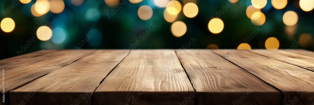 Poster light wooden table with a soft focus dreamy bokeh background in cool tones perfect for a serene sett