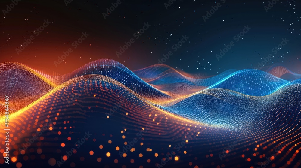 Poster a dark background with blue and orange gradient lines in the bottom right corner, creating an abstra