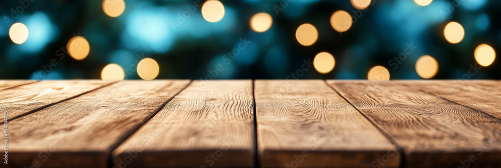 Poster light wooden table with a soft focus dreamy bokeh background in cool tones perfect for a serene sett