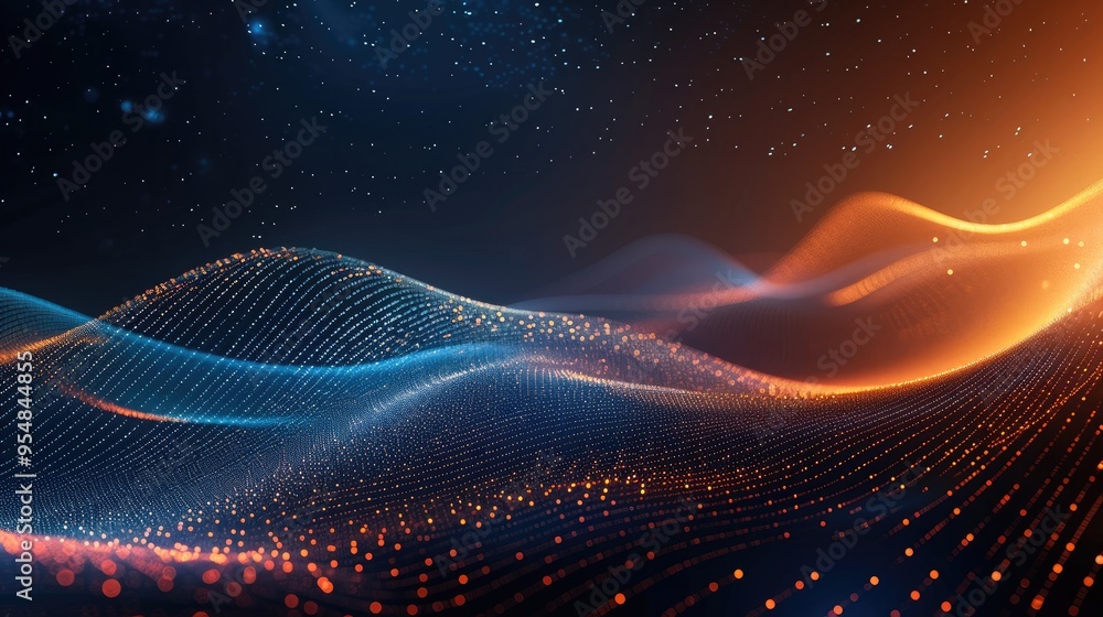 Fototapete A dark background with blue and orange gradient lines in the bottom right corner, creating an abstract design that resembles sound waves or digital data streams. Generative AI.