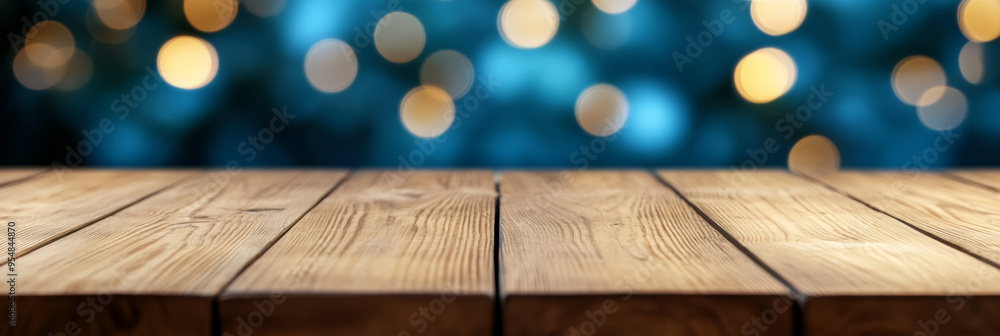 Poster light wooden table with a soft focus dreamy bokeh background in cool tones perfect for a serene sett
