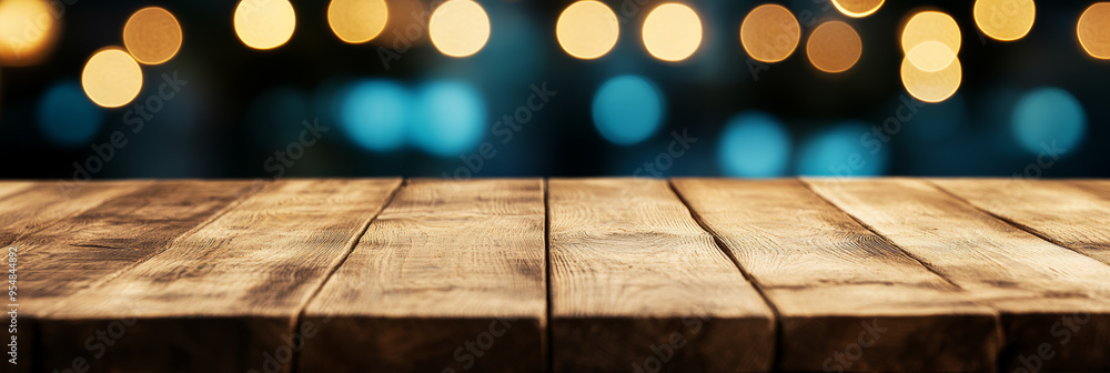Poster light wooden table with a soft focus dreamy bokeh background in cool tones perfect for a serene sett
