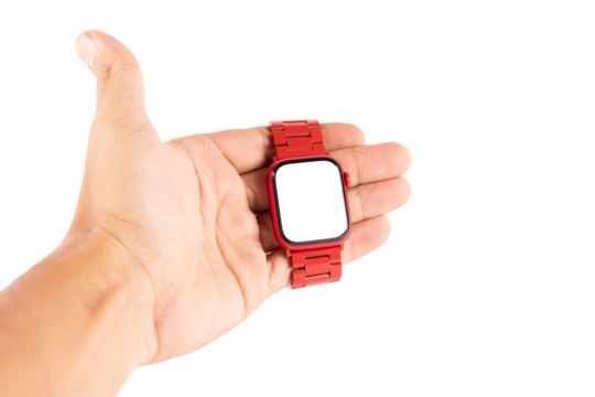 Male hand holding a red smart watch with blanc screen mockup no background