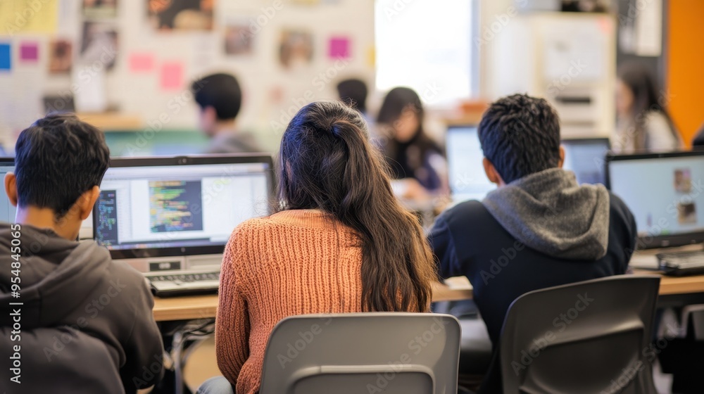 Poster students studying and working in a classroom with laptops