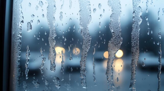 Icy rain creating patterns on a window, freezing weather, cold and wet