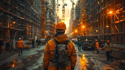 A high-resolution image of a construction worker using a robotic exoskeleton to lift heavy materials on a busy construction site.