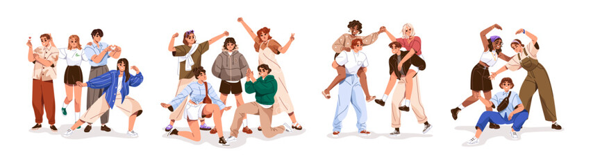 Friendship set. Group of happy friends has fun. Funny team celebrates win, gesturing for joy. Diverse young people rejoice at success together. Flat isolated vector illustrations on white background