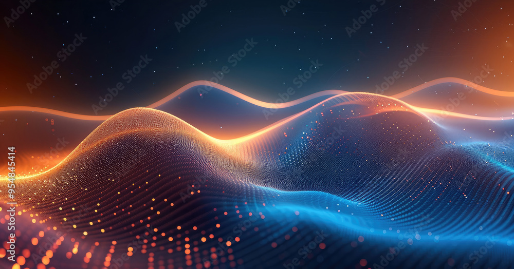 Poster a dark background with blue and orange gradient lines in the bottom right corner, creating an abstra