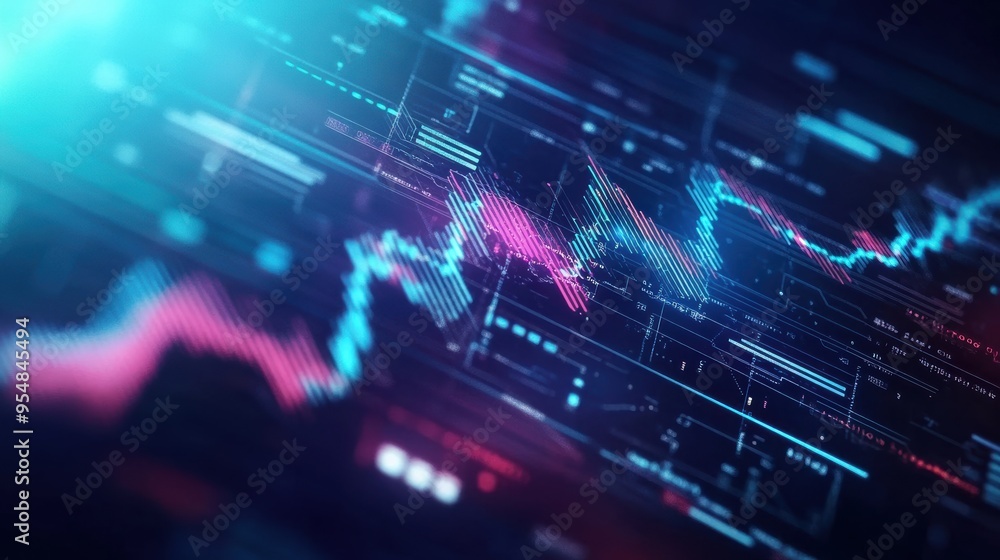 Poster animated sequence of financial indicators and currency symbols moving across a digital interface, a 