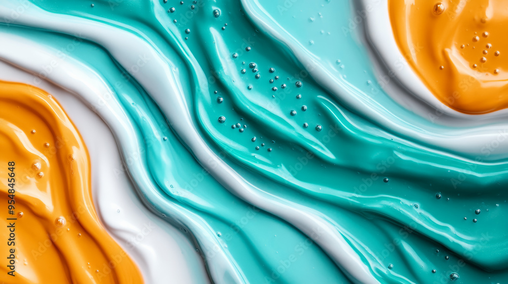 Poster macro image of liquid paint waves mixing turquoise and orange with marbled patterns
