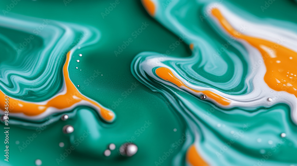 Poster macro image of liquid paint waves mixing turquoise and orange with marbled patterns