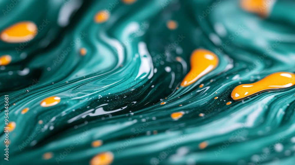 Poster macro image of liquid paint waves mixing turquoise and orange with marbled patterns