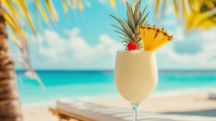 Tropical Pina Colada on a Beach Lounger with Ocean View. AI generated illustration