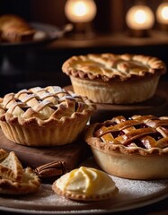 Freshly baked pastries and pies are arranged attractively on a table in a warm bakery. Their golden brown crusts feature beautifully crafted designs topped with a dusting of sugar. Generative AI