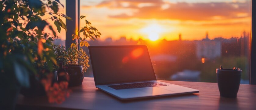 A peaceful scene of a desk overlooking a sunset with nature promoting work-life balance