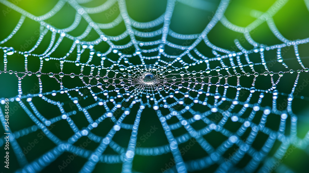 Poster macro image of raindrops on a spiders web glistening in the sunlight