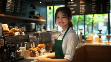 Barista serving customers at a cozy café during a sunny afternoon, with pastries displayed attractively in the background