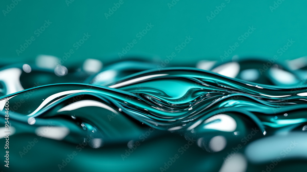 Poster macro image of waves of blue and green liquid ink merging with hints of glitter