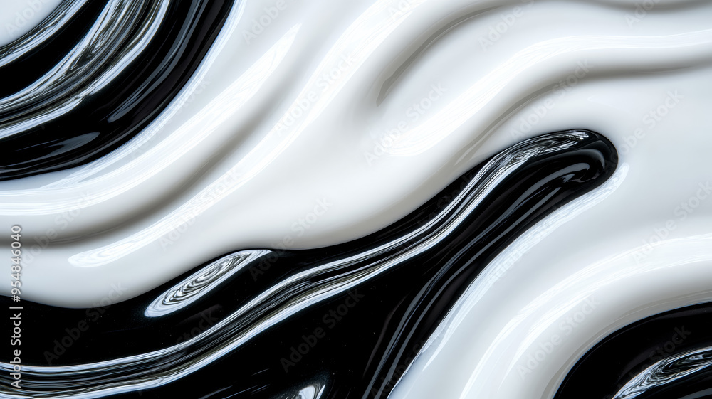 Poster macro of liquid color waves in black and white ink clashing in a dramatic pattern