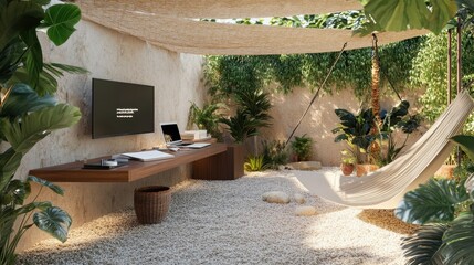 Obraz premium A visual representation of work-life balance with a desk and outdoor relaxation space