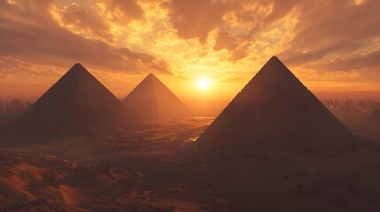 49. **Depict the Pyramids of Giza with a dramatic sunset sky casting long shadows over the desert landscape.**