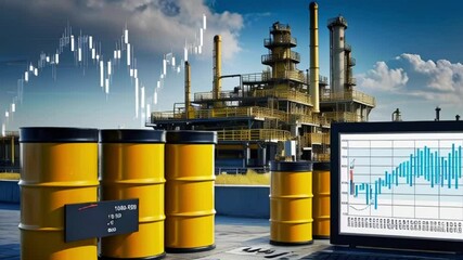 Oil barrels with charts and graph showing the rise and fall of oil prices against a backdrop of an oil refinery. - Powered by Adobe
