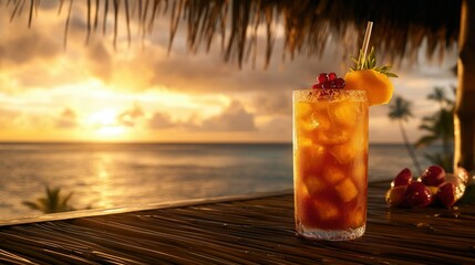 Tropical Rum Punch on Bamboo Bar with Caribbean Sunset. AI generated illustration