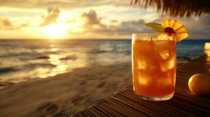 Tropical Rum Punch on Bamboo Bar with Caribbean Sunset. AI generated illustration