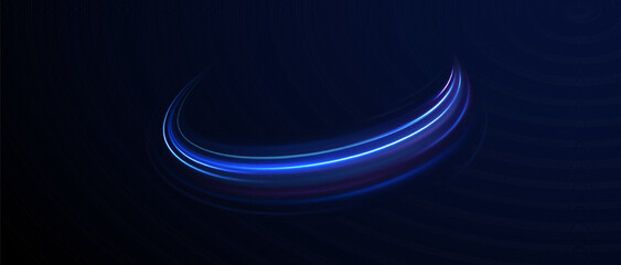 Acceleration speed motion on night road. Illustration of light ray, stripe line with blue light, speed motion background. Glitter blue wave light effect.