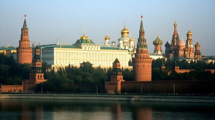 28. **Visualize the Kremlin in Moscow with its historic walls, towers, and St. Basil's Cathedral in the background.**