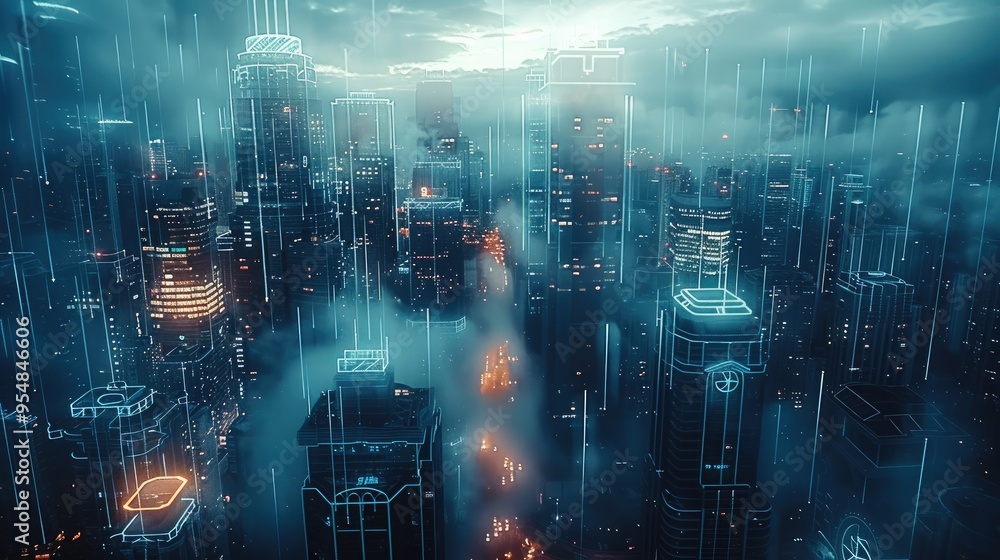Aufkleber concept of it securities. technology, city, data. generative ai.