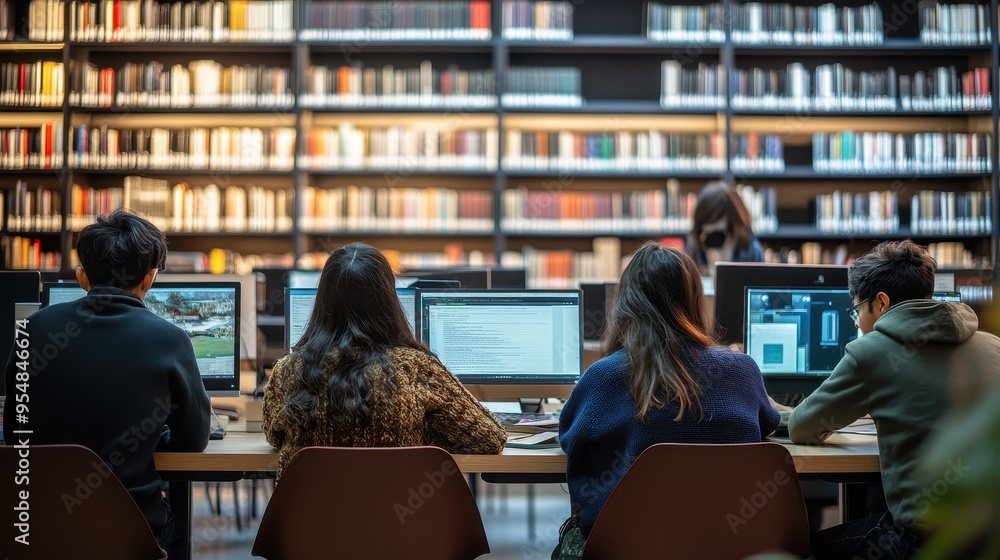 Poster students studying in the library with bookshelves behind them