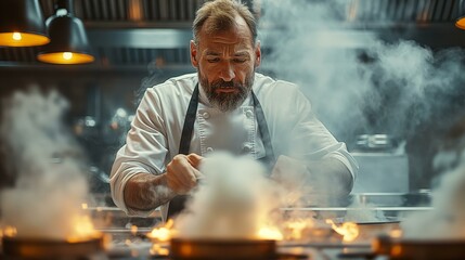 Focused male chef cooking with fire in the kitchen of a modern restaurant.