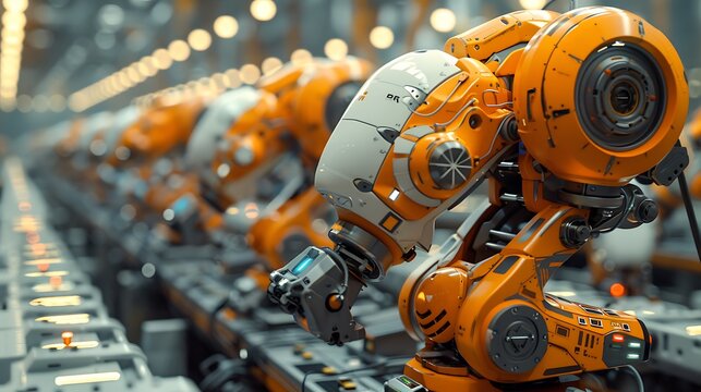A high-tech factory where human workers and robots collaborate seamlessly in an optimized manufacturing environment. The scene captures the advanced machinery and automated systems in action,