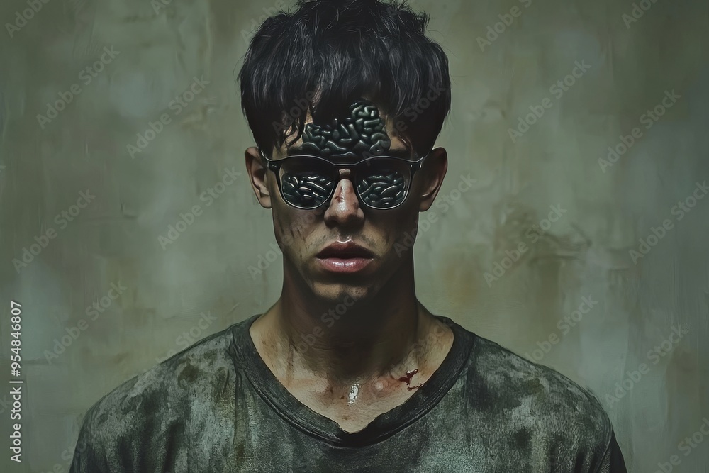 Poster locus coeruleus serotonin drop man wearing digital goggles with a complex pattern on his face symbol