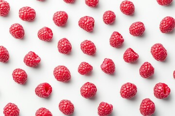 A scattered pattern of ripe raspberries on a white background. The raspberries are shown in their