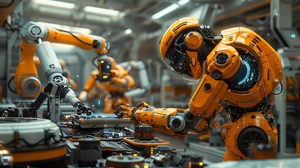 A human technician and a robotic arm in a sleek, futuristic factory, collaboratively assembling a complex machine component. The environment is clean and technologically advanced,